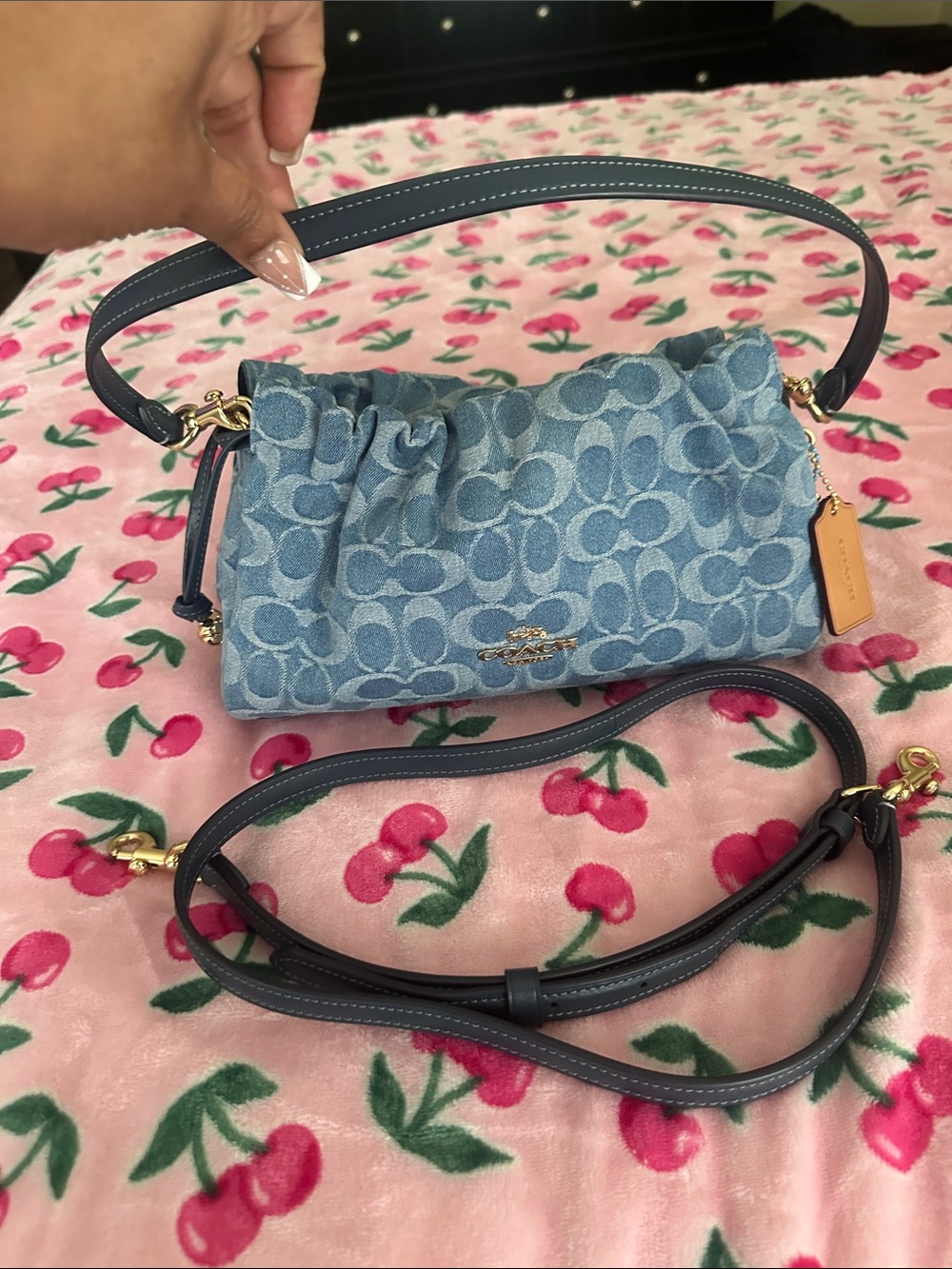 Coach Light Blue Denim Signature Ruched Shoulder Bag